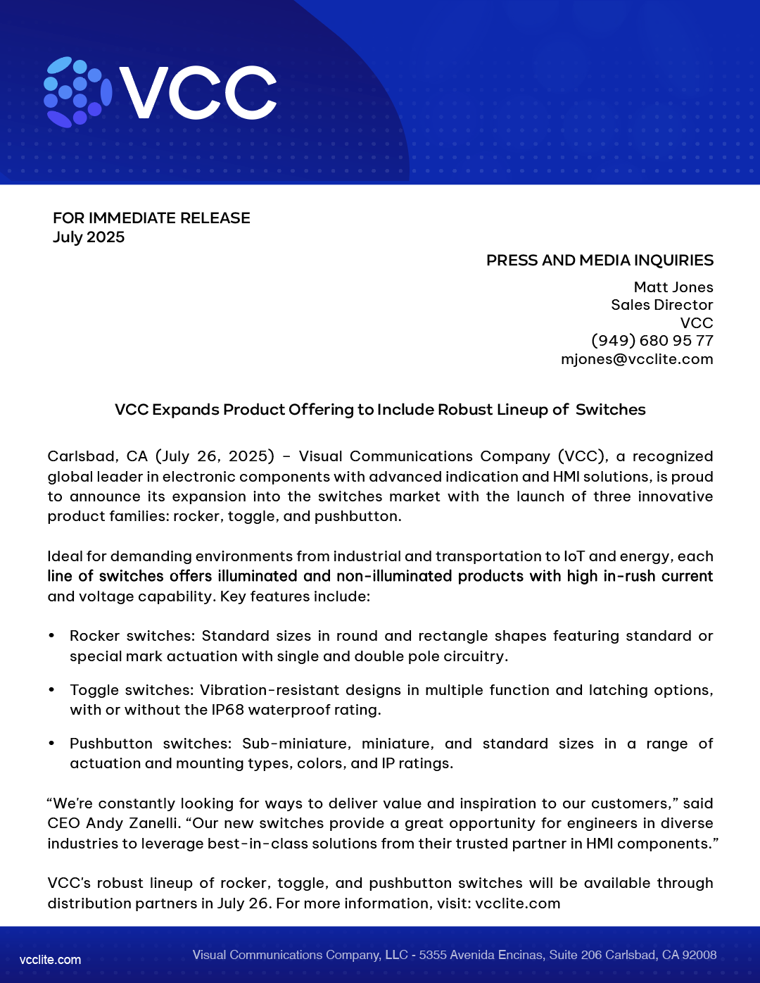 VCC Expands Product Offering to Include Robust Lineup of Switches